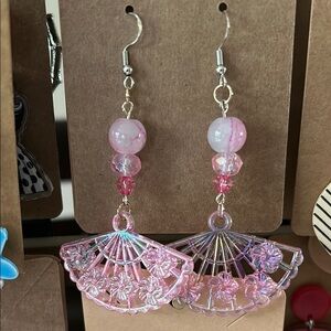Handmade Pink Fan-Shaped Dangle Earrings